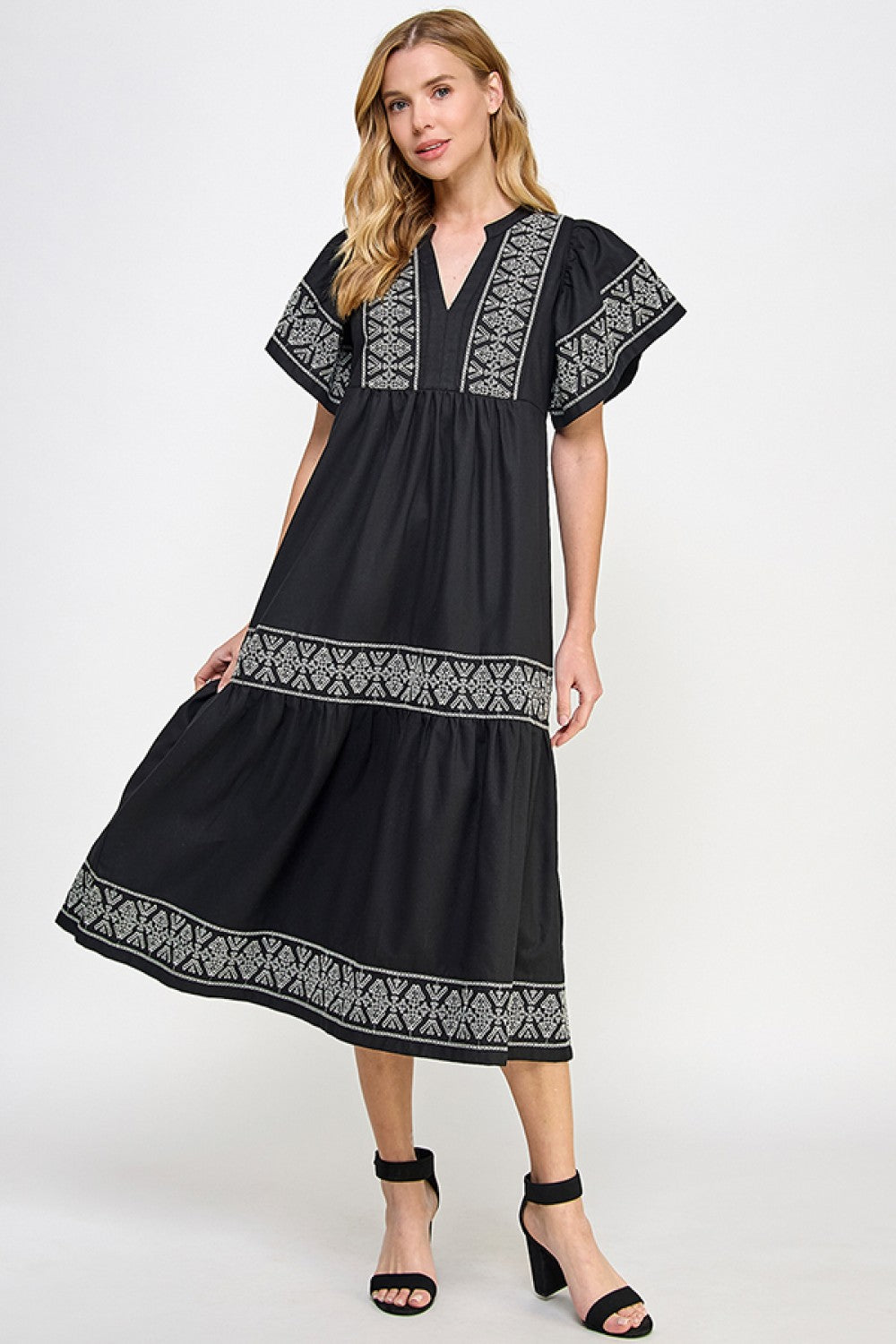 Elegant Black Embroidered Linen Dress