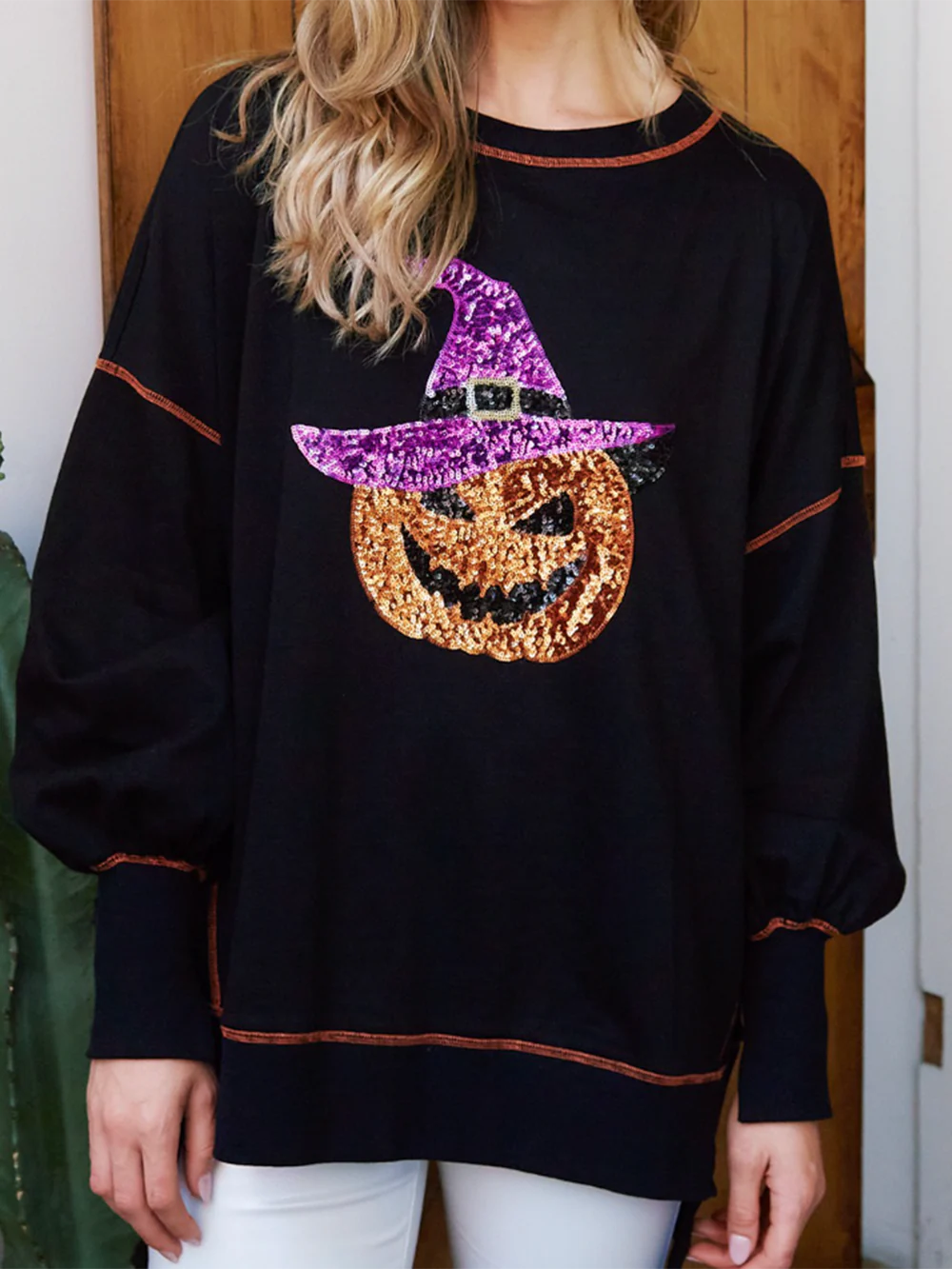 Women's Sequin Pumpkin Wizard Halloween Sweatshirt