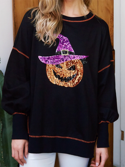 Women's Sequin Pumpkin Wizard Halloween Sweatshirt