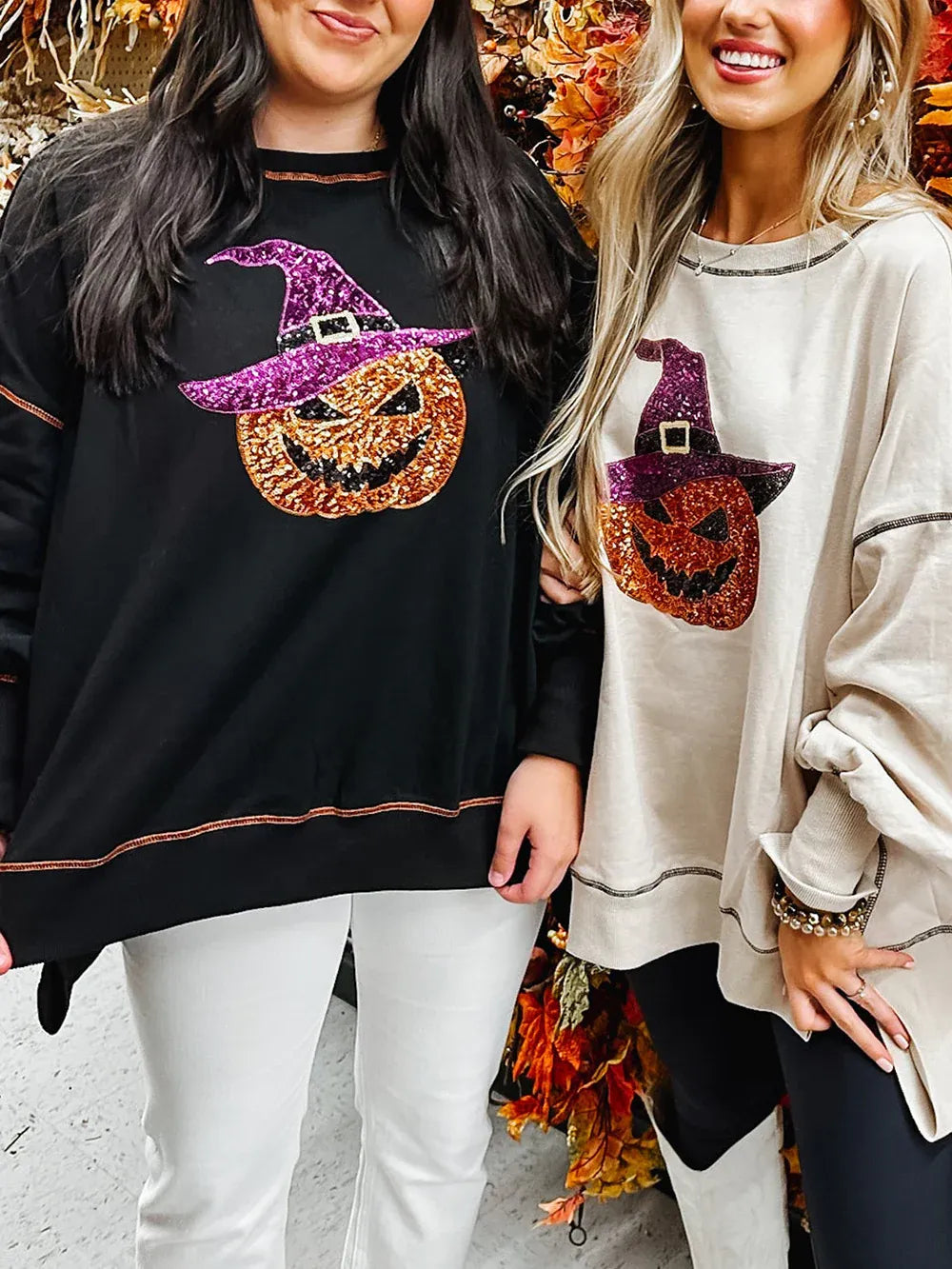 Women's Sequin Pumpkin Wizard Halloween Sweatshirt