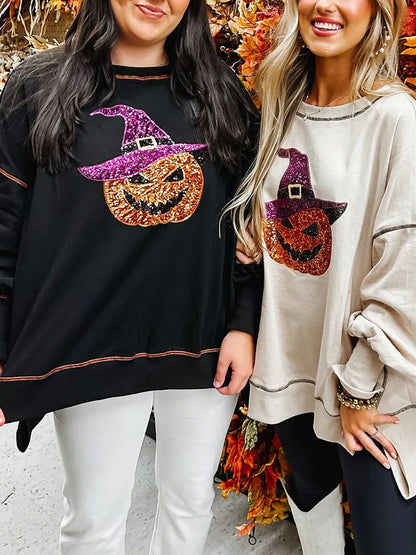 Women's Sequin Pumpkin Wizard Halloween Sweatshirt