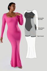 Solid Long Sleeve Dress With Built in Shapewear