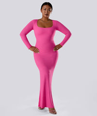 Solid Long Sleeve Dress With Built in Shapewear