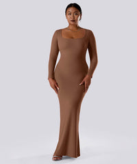 Solid Long Sleeve Dress With Built in Shapewear