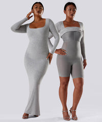 Solid Long Sleeve Dress With Built in Shapewear