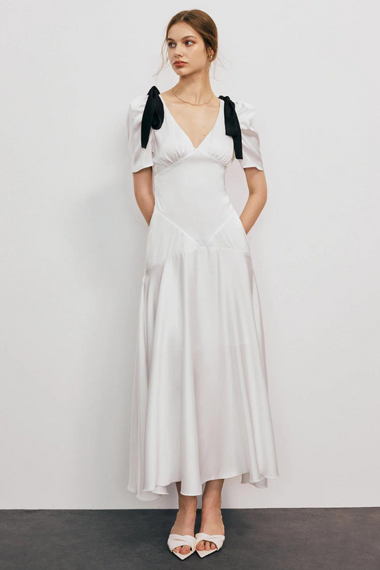 Shoulder Bow White Ruffles Dress