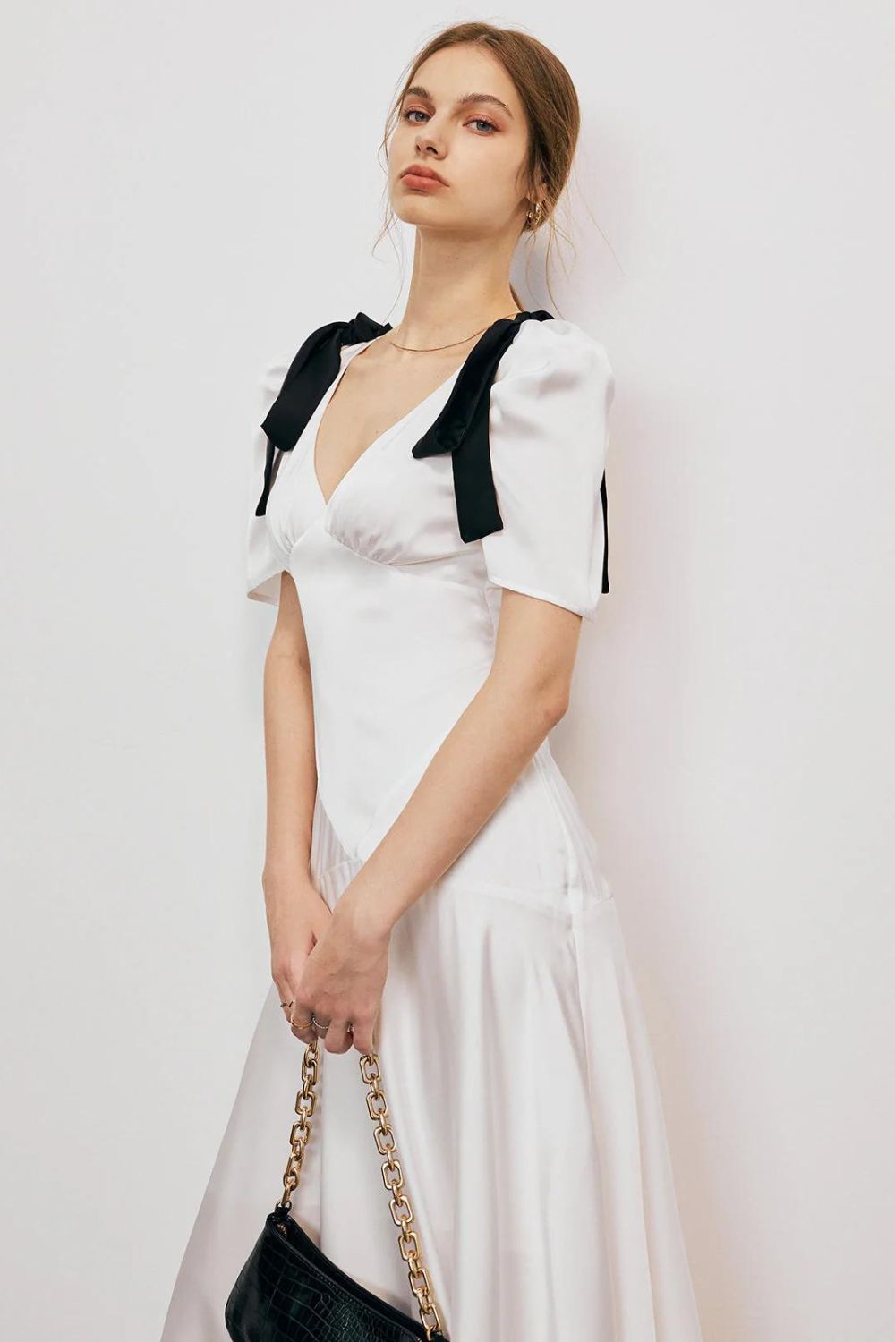 Shoulder Bow White Ruffles Dress