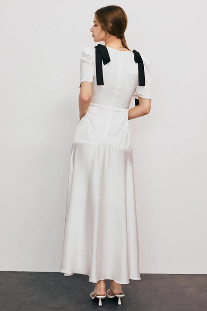 Shoulder Bow White Ruffles Dress