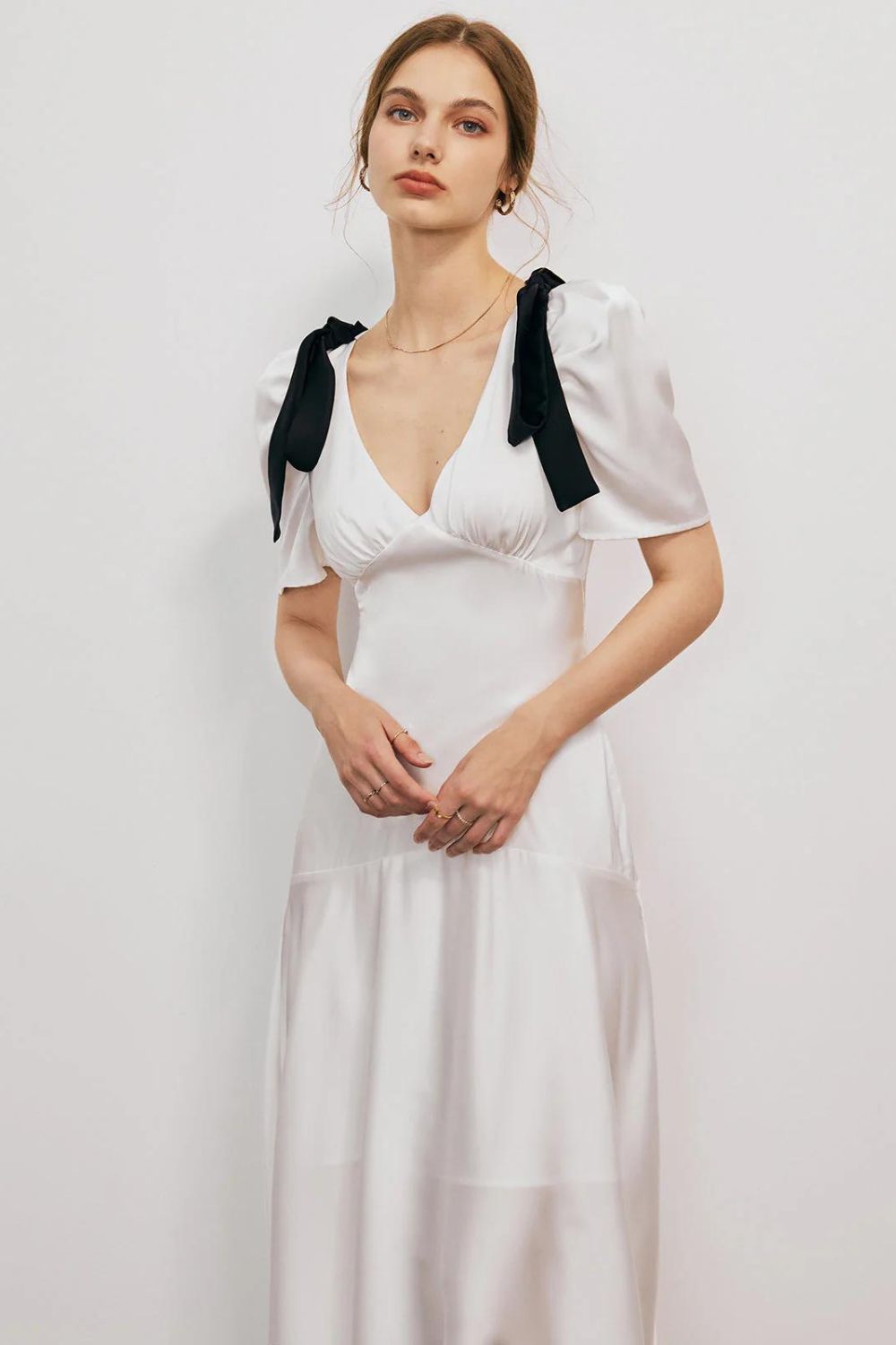 Shoulder Bow White Ruffles Dress