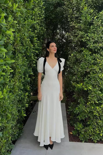 Shoulder Bow White Ruffles Dress