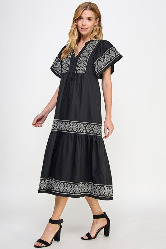 Elegant Black Embroidered Linen Dress