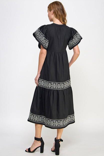 Elegant Black Embroidered Linen Dress